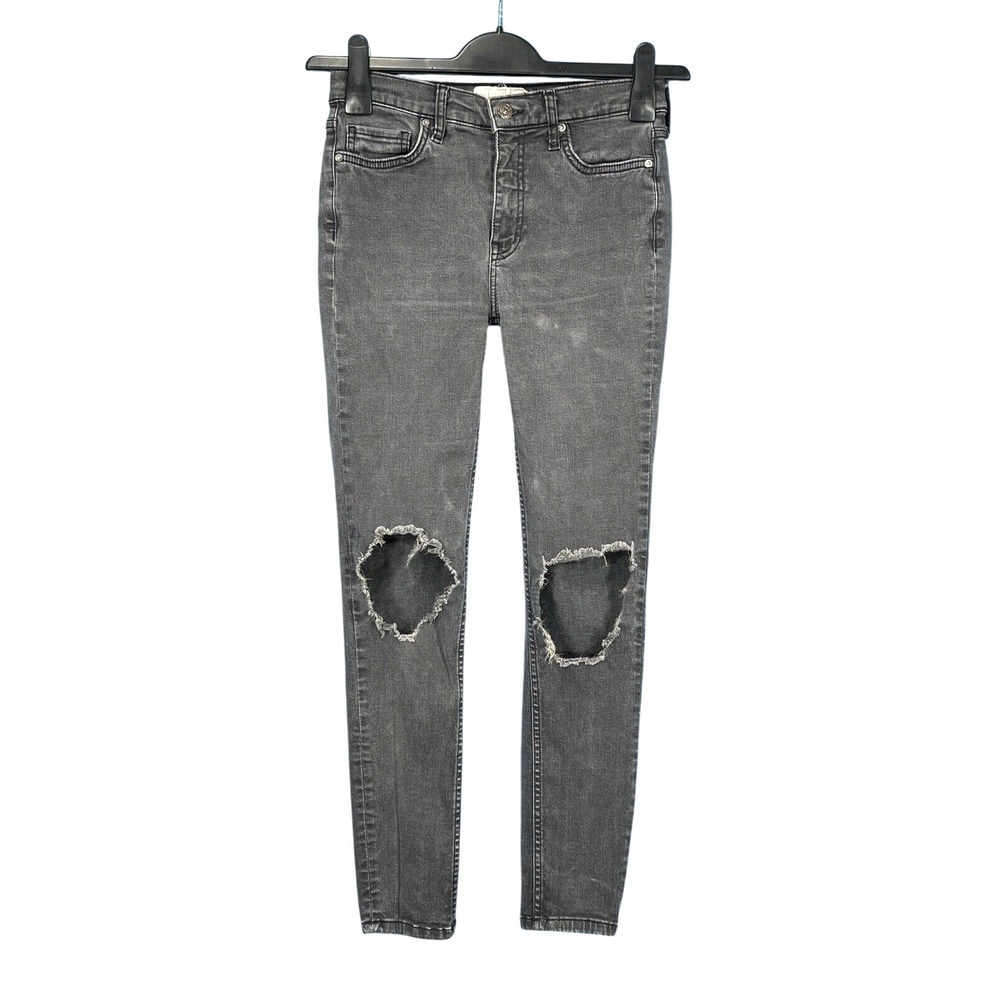 FREE PEOPLE Charcoal Black DESTROYED DENIM Busted Skinny ANKLE JEANS Sz 27